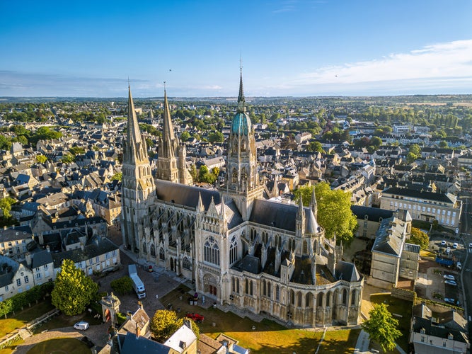 Photo of aerial view of Bayeux Cathedral, also known as Cathedral of Our Lady of Bayeux is a Roman Catholic church located in the town of Bayeux in Normandy, France.