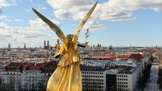 Aerial view on Marienplatz town hall and Frauenkirche in Munich, Germany.