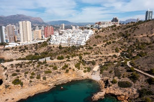 Photo of aerial view of Benidorm and Levante beach in Alicante Mediterranean of Spain.