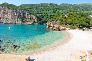 Photo of panoramic aerial view of Palaiokastritsa, Corfu, Greece.