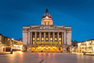 Photo of Nottingham Council House and a fountain front shot at Twilight, UK.