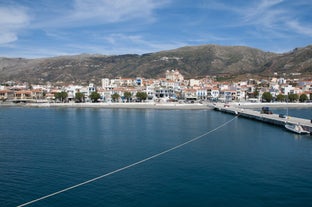 Photo of aerial view of the port in Agios Nikolaos, famous travel destination of Crete, Greece.