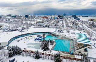 Panoramic view of Reykjavik, the capital city of Iceland, with the view of harbor and mount Esja.