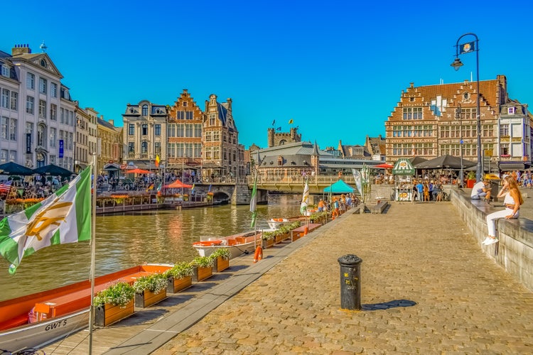 Photo of view of Graslei quay and Leie river in the historic city center in Ghent (Gent), Belgium.