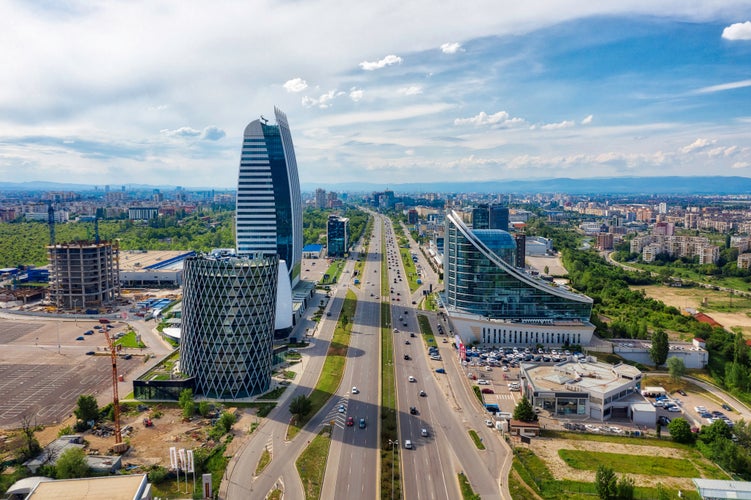 Photo of skyscrapers in the business district of Sofia, Bulgaria.