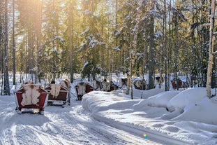 Rovaniemi Finland, panorama of the city with Kemijoki river in the back and Ounasvaara fell with the city heart at the left.