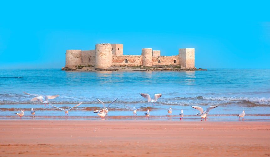 Photo of the maiden's castle (Kiz Kalesi) with bright blue sky, Seagull flying on the beach in the foreground ,Mersin, Turkey.