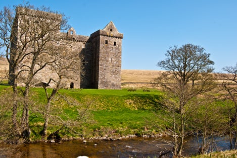 Photo of part of Hermitage Castle in the south of Scotland .