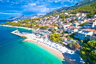 Photo of aerial view of gorgeous azure scene of summer Croatian landscape in Podgora, Dalmatia, Croatia.