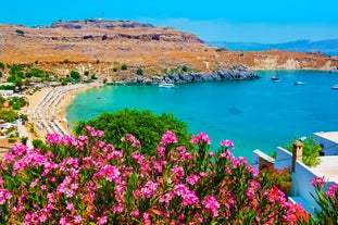 Photo of colorful houses in the village Koskinou on the island of Rhodes, Greece.