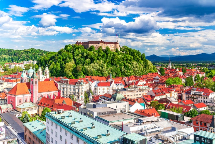 Photo of Ljubljana panoramic aerial view with old town and castle, Slovenia.