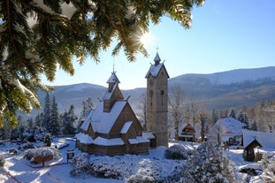 Photo of old wooden Norwegian temple Wang in Karpacz, Poland.