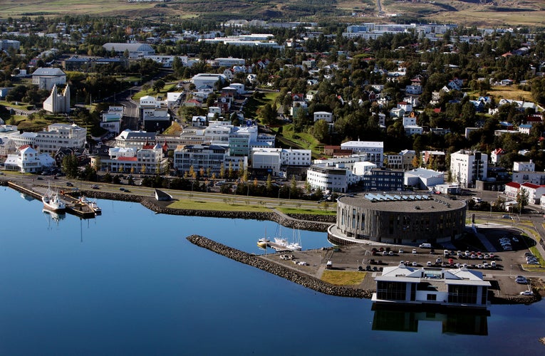 An aerial view of downtown Akureyri