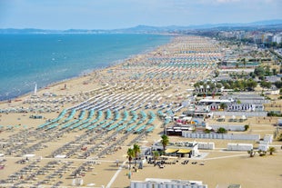 Photo of amazing landscape with beautiful sea beach on sunset in Viserbella, Italy.