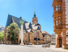 Photo of aerial view of the new town hall and the Johannapark at Leipzig, Germany.