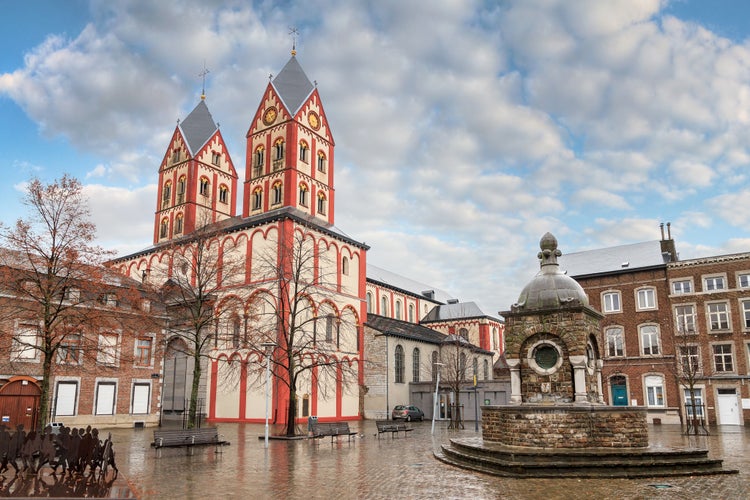 Cityscape view of the Collegiate Church of St. Bartholomew in Liege, Belgium, in winter