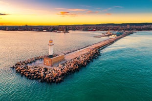 Photo of panoramic aerial view of the sea port of Sveti Vlas in Bulgaria.