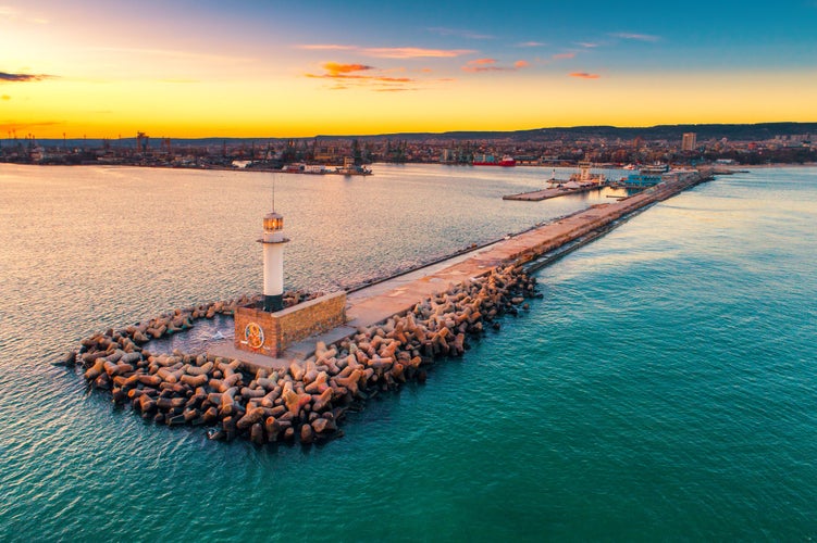 Photo of aerial view of lighthouse at sunset in Varna, Bulgaria.