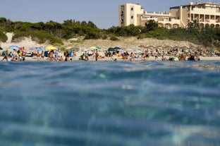 Photo of view of beautiful sandy Campulongu beach, Sardinia island, Italy.