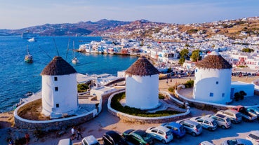 Photo of panoramic view of Town of Ano Mera, island of Mykonos, Cyclades, Greece.