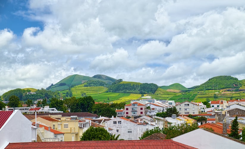 Photo of top view of rooftops in downtown Ponta Delgada, Azores, Portugal.