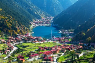 Photo of aerial view to the Uzungol lake famous tourist destination in summer in city of Trabzon ,Turkey.