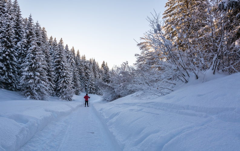 Photo of beautiful winter mountain snow-covered landscape on sunny day with man in the background. Andalo village, Adamello Brenta Natural Park.