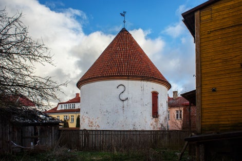 Photo of Punane torn in courtyard of old town , and is  part of the old defensive city wall of Parnu, Estonia.