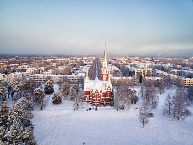 Aerial view of Joensuu Evangelical Lutheran Church in winter in Joensuu, Finland.