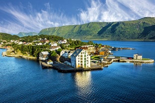 Photo of aerial view of the city of Alesund , Norway.