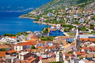 Photo of aerial view of town of Senj and Nehaj fortress , Adriatic sea, Primorje region of Croatia.