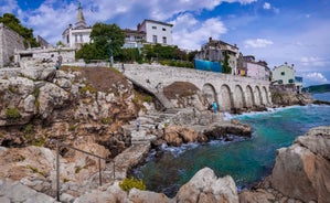 Photo of aerial view of town of Rovinj historic peninsula , famous tourist destination in Istria region of Croatia.