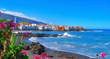 Photo of aerial view with Puerto de la Cruz, in background Teide volcano, Tenerife island, Spain.