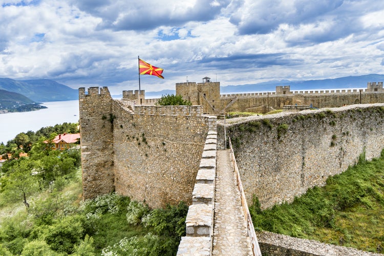 Photo of watchtower of famous old fortress ruins of tzar Samuel in Ohrid know as Samuels fortress, North Macedonia.