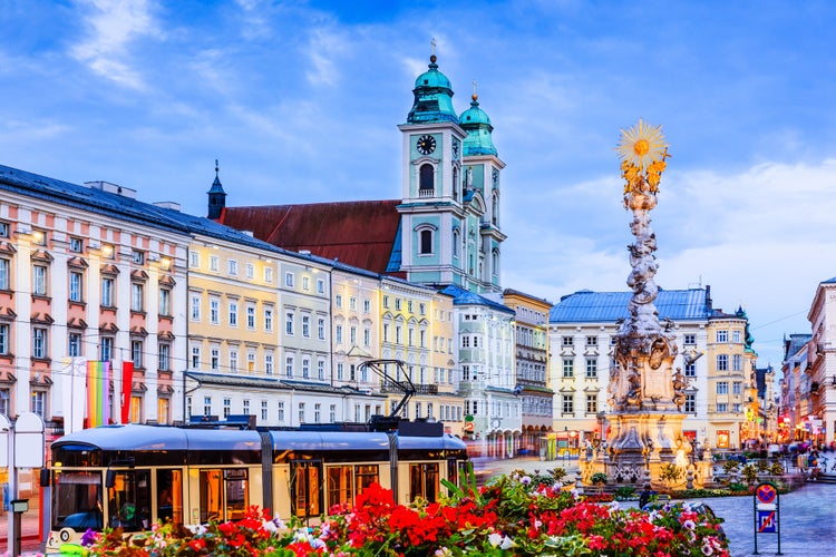 Photo of holy trinity column on the main square, Linz, Austria.