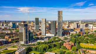 Photo of panoramic aerial view of Salford Quays, Manchester, UK.