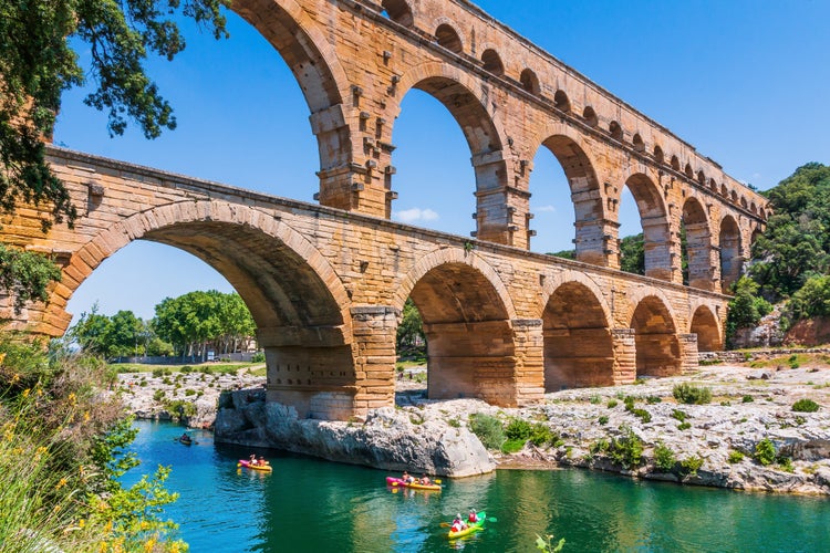 Photo of Nimes, France. Ancient aqueduct of Pont du Gard, Unesco World Heritage site.