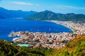 Photo of Marmaris marina with yachts aerial panoramic view in Turkey.