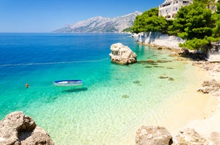 Photo of aerial view of gorgeous azure scene of summer Croatian landscape in Podgora, Dalmatia, Croatia.