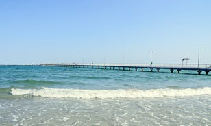 Photo of aerial view of beautiful beach in Mamaia, Romania.