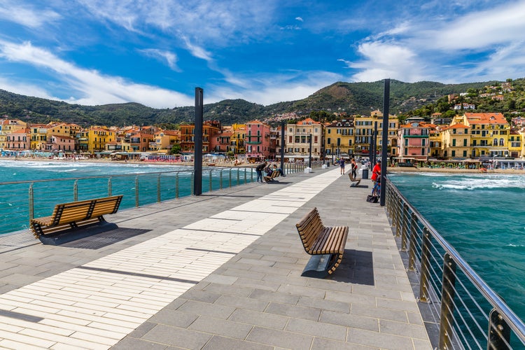 View Of Mole Leading To The Town Of Alassio Full Of Colorful Buildings During Summer Day-Alassio,savona ,Italy,Europe