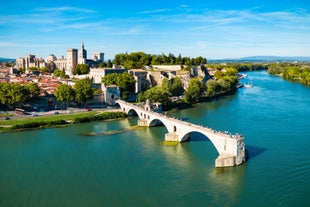 Photo of Nimes Arena aerial panoramic view. Nimes is a city in the Occitanie region of southern France.