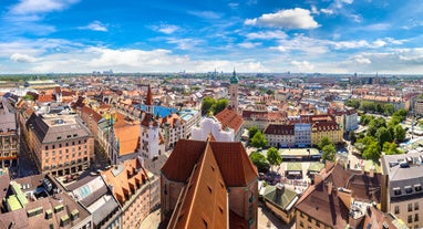 Aerial view on Marienplatz town hall and Frauenkirche in Munich, Germany.