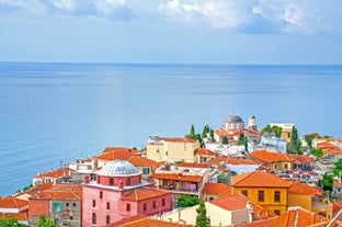 Photo of aerial view of colorful city of Xanthi, Greece.