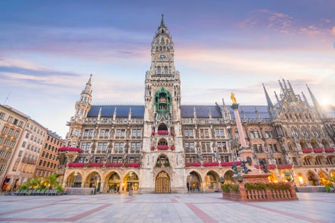 Photo of Munich skyline with Marienplatz town hall in Germany.