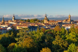 Photo of aerial view over the historical village of Olite in Navarre, Spain.