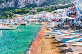 Photo of aerial morning view of Amalfi cityscape on coast line of Mediterranean sea, Italy.