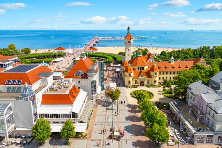 Sunny landscape of the resort town of Sopot and Molo - pier on the Baltic Sea. Poland