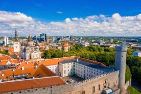 Scenic summer view of the Old Town and sea port harbor in Tallinn, Estonia.