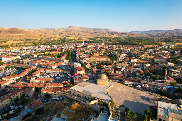 Photo of Urgup Town aerial view from Temenni Hill in Cappadocia Region of Turkey.